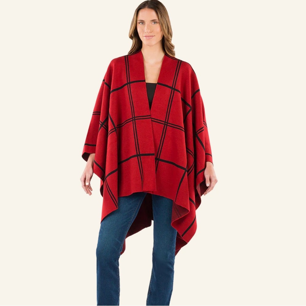 Patricia Nash plaid cape/poncho OS maroon & black